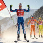 Loïc Meillard crosses finish line first with Norwegian skiers in bright orange trailing and the Swiss flag above.