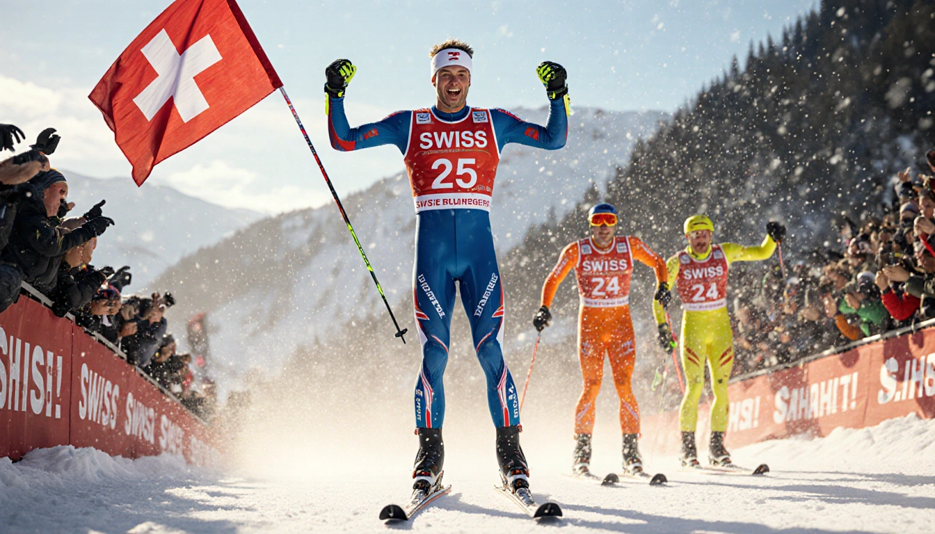 Loïc Meillard crosses finish line first with Norwegian skiers in bright orange trailing and the Swiss flag above.