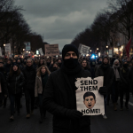 Crowd marching toward camera with scarves and hats in London and a figure holding torn poster police lights in background