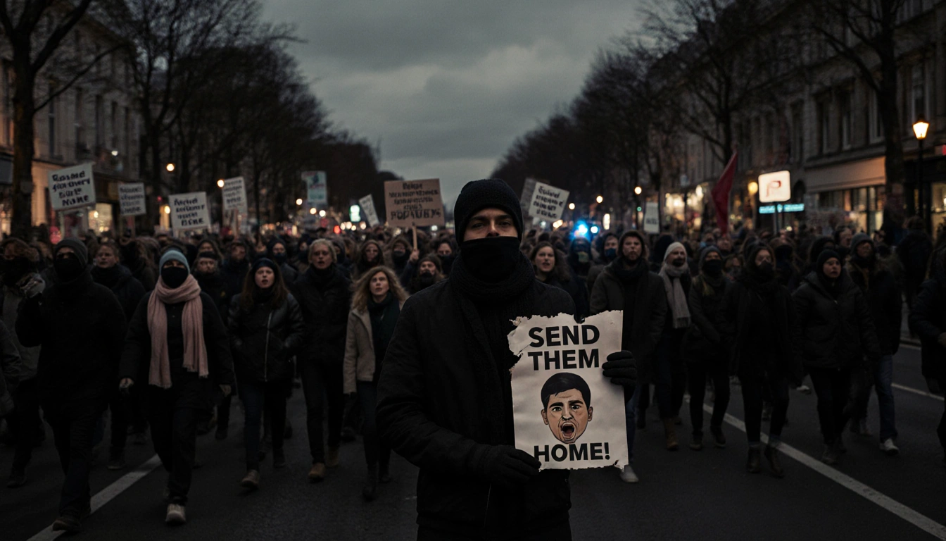 Crowd marching toward camera with scarves and hats in London and a figure holding torn poster police lights in background