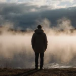 Lone figure standing at lake edge looking out with misty veil rising and golden light fading into cool clouds.