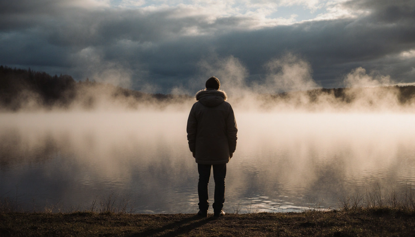 Lone figure standing at lake edge looking out with misty veil rising and golden light fading into cool clouds.