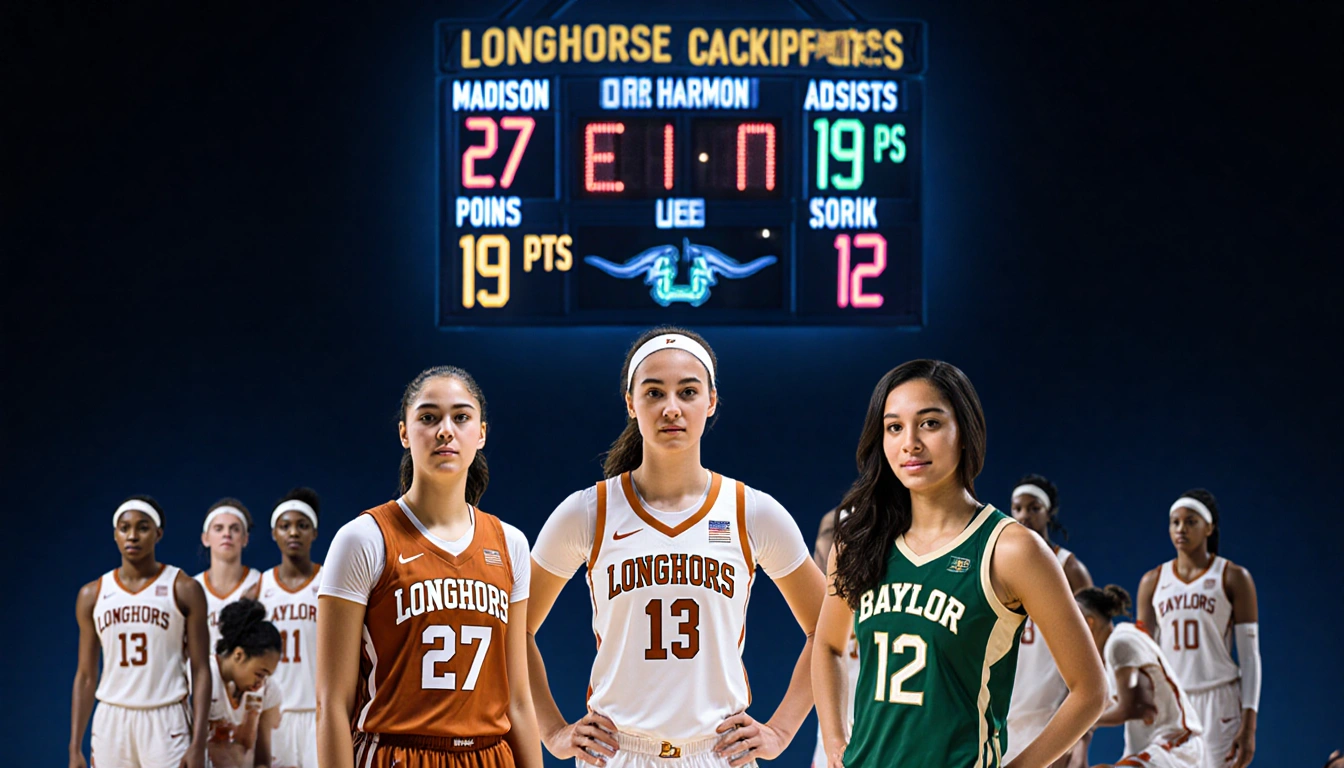 Three female basketball players pose energetically with a scoreboard showing their points on a dark blue background