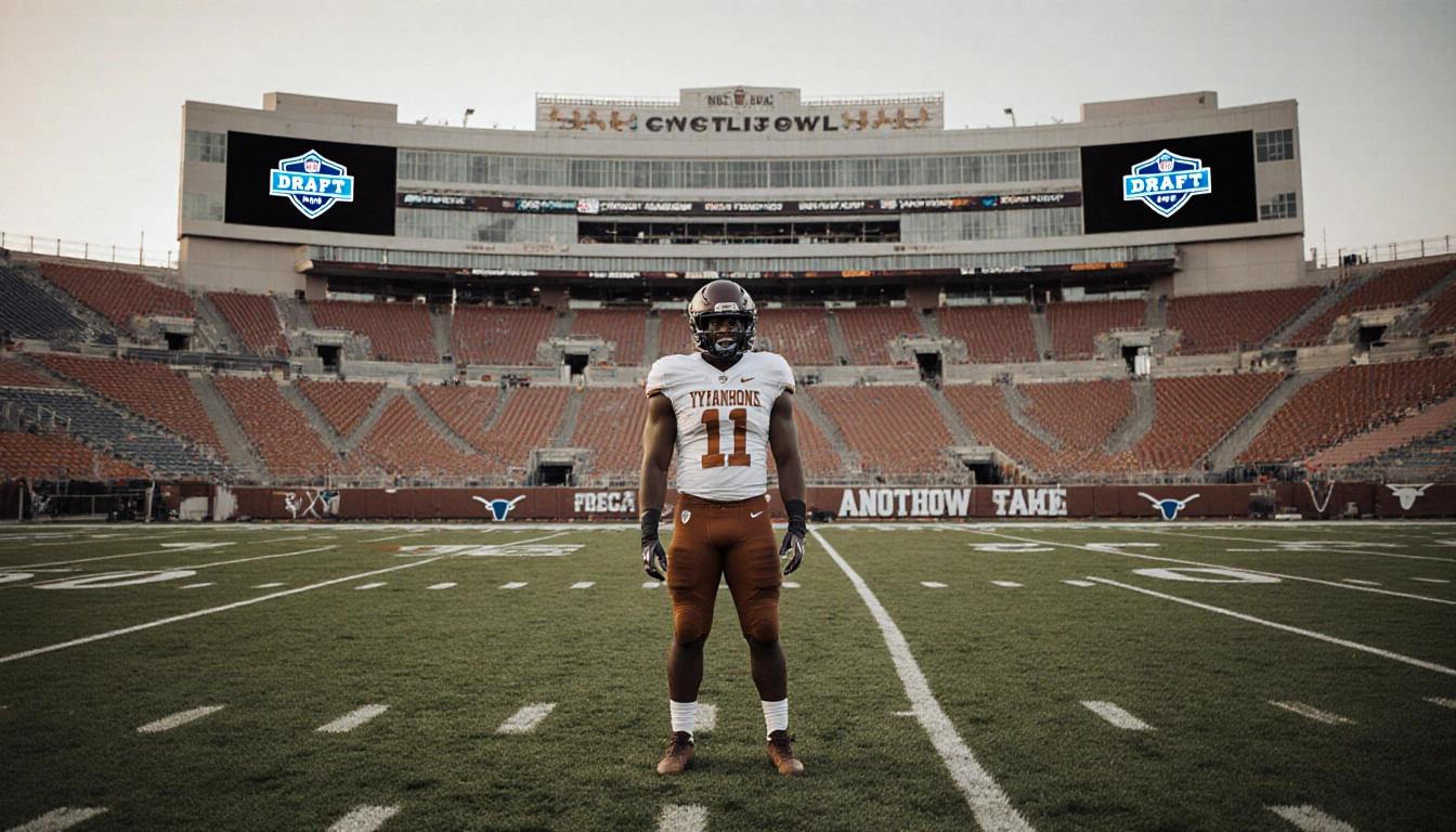 Linebacker stands alone on empty football field with Citrus Bowl facade behind and draft grid on end zone