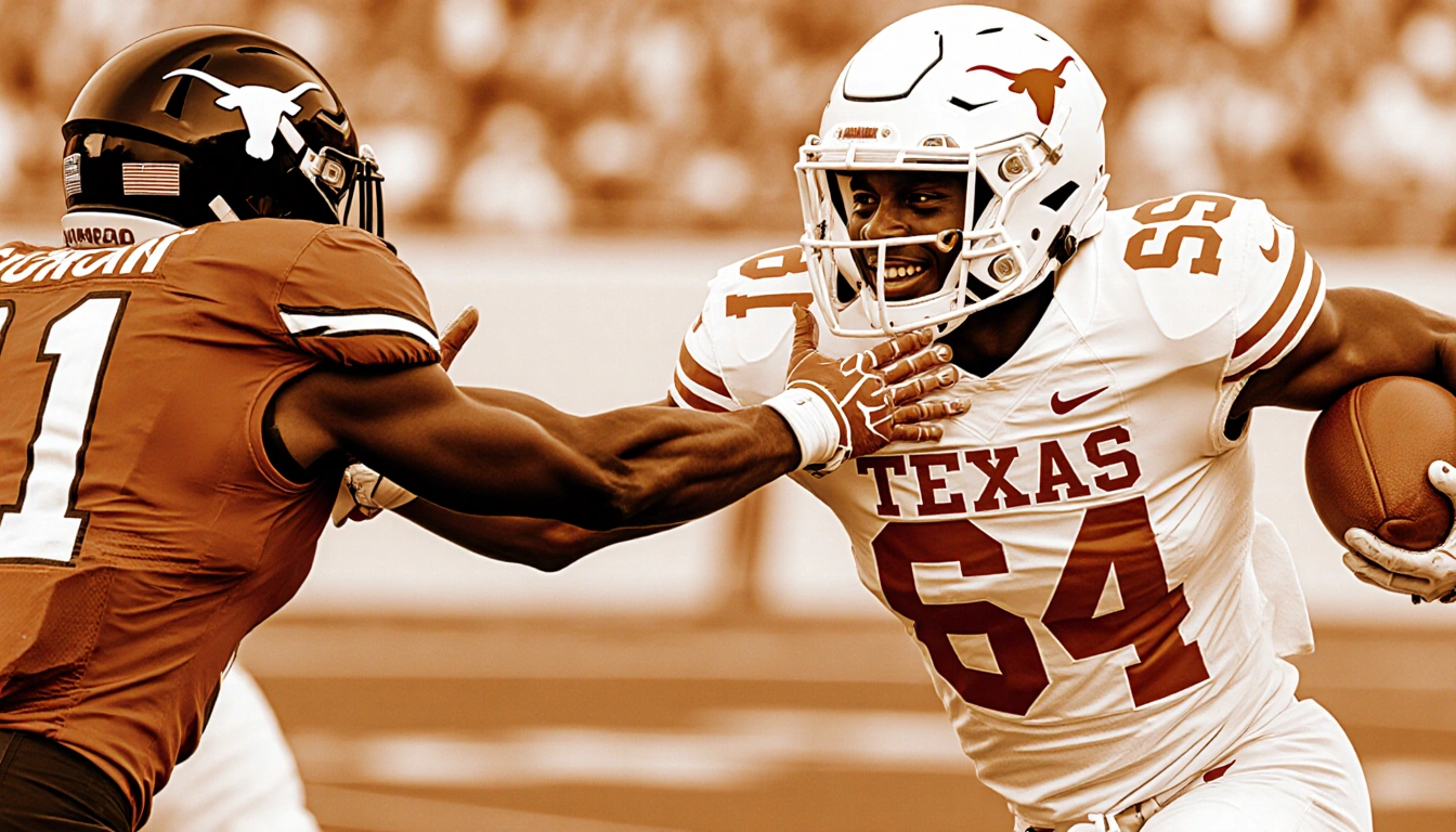 Football player blocking an opponent with Texas Longhorns jersey and warm earthy tones showing confidence and rhythm