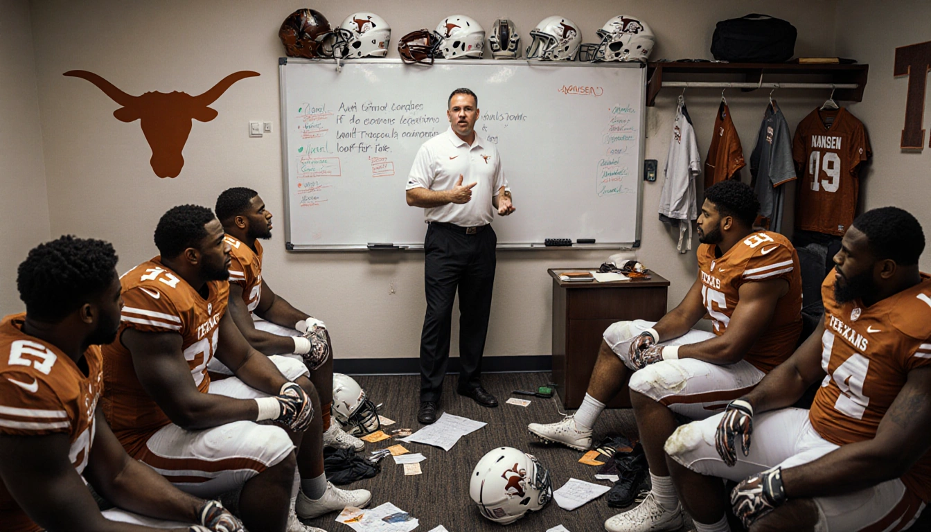 Nansen addresses linebackers in a cluttered meeting room with scattered jerseys and a Texas Longhorns logo behind him.