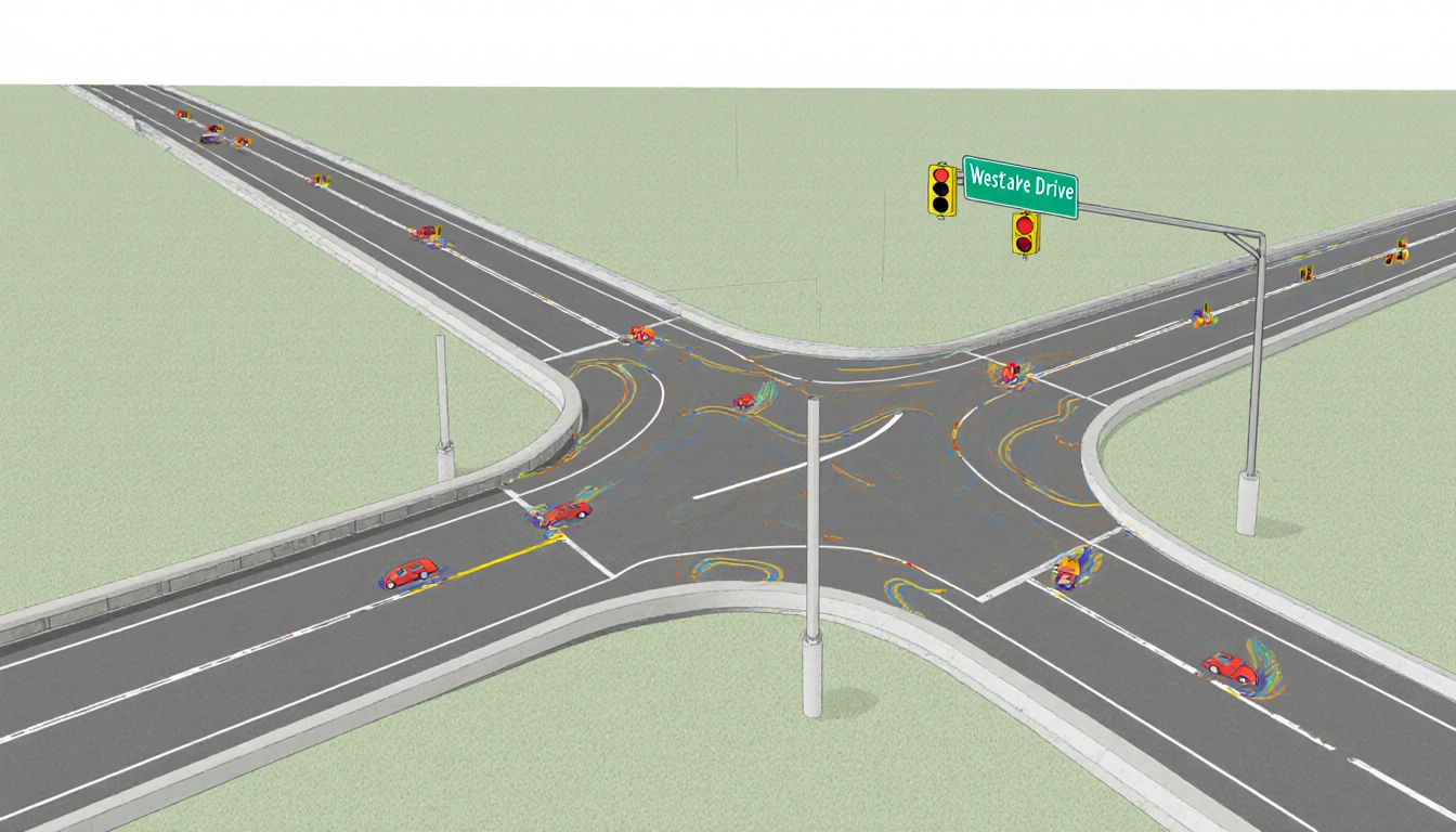 Illustration depicts Loop 360 intersection with buried traffic lights and subtle underground lane shifts