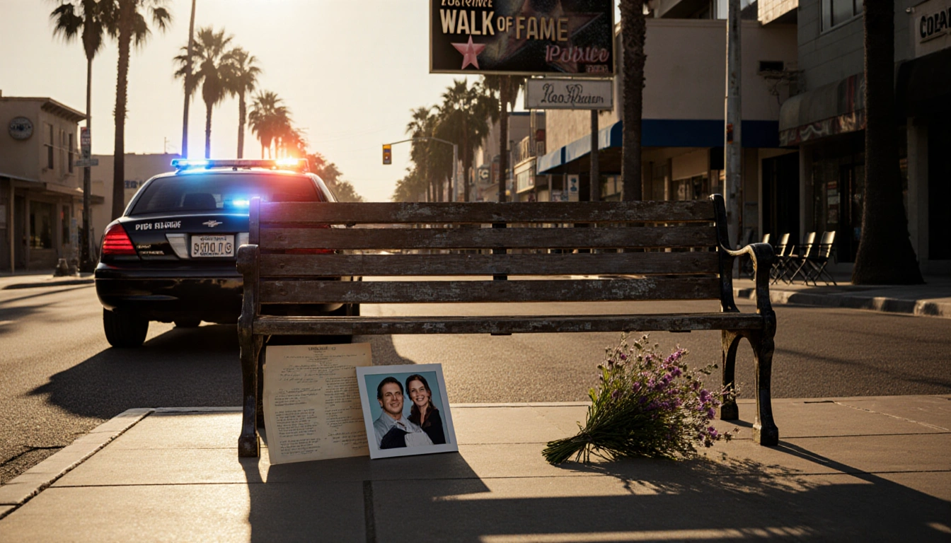 Police car standing behind bench with wildflowers and distant Walk of Fame under golden hour