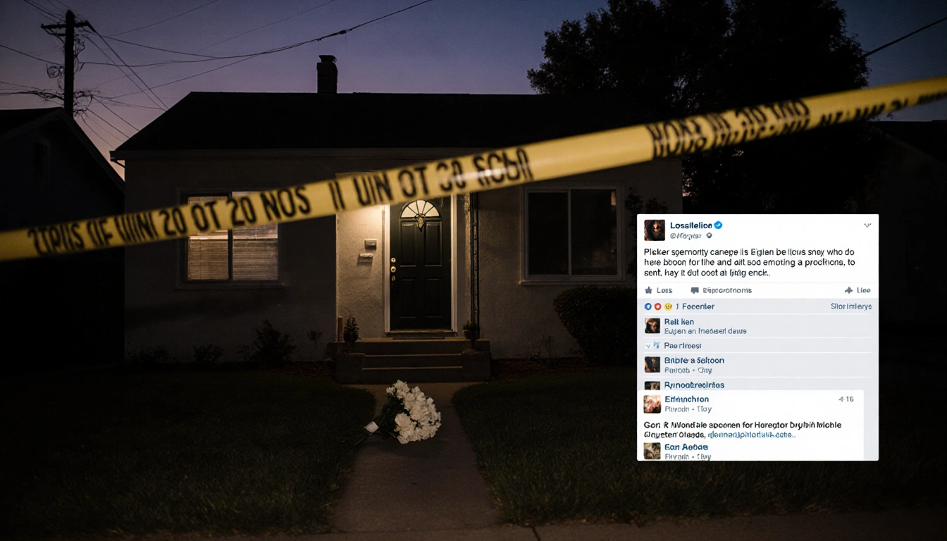 White mourning flowers lie on porch step with police tape and a dim Los Angeles cityscape at dusk
