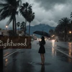 Woman stands under umbrella gazing at stormy sky with rain-washed Los Angeles street and palm trees