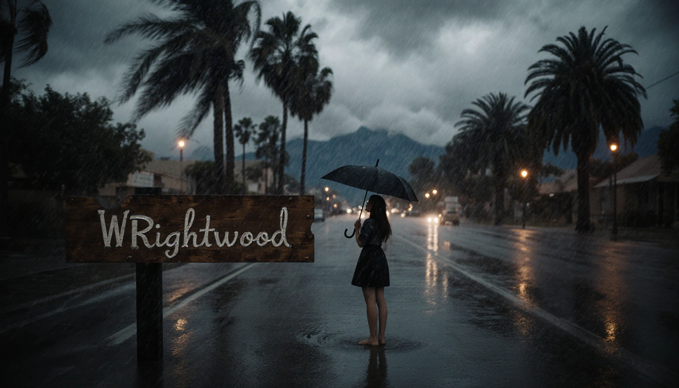 Woman stands under umbrella gazing at stormy sky with rain-washed Los Angeles street and palm trees