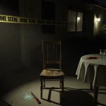 Wooden chair sits with crime scene tape and bloodstained knife beside shattered glass on a dim dinner table.