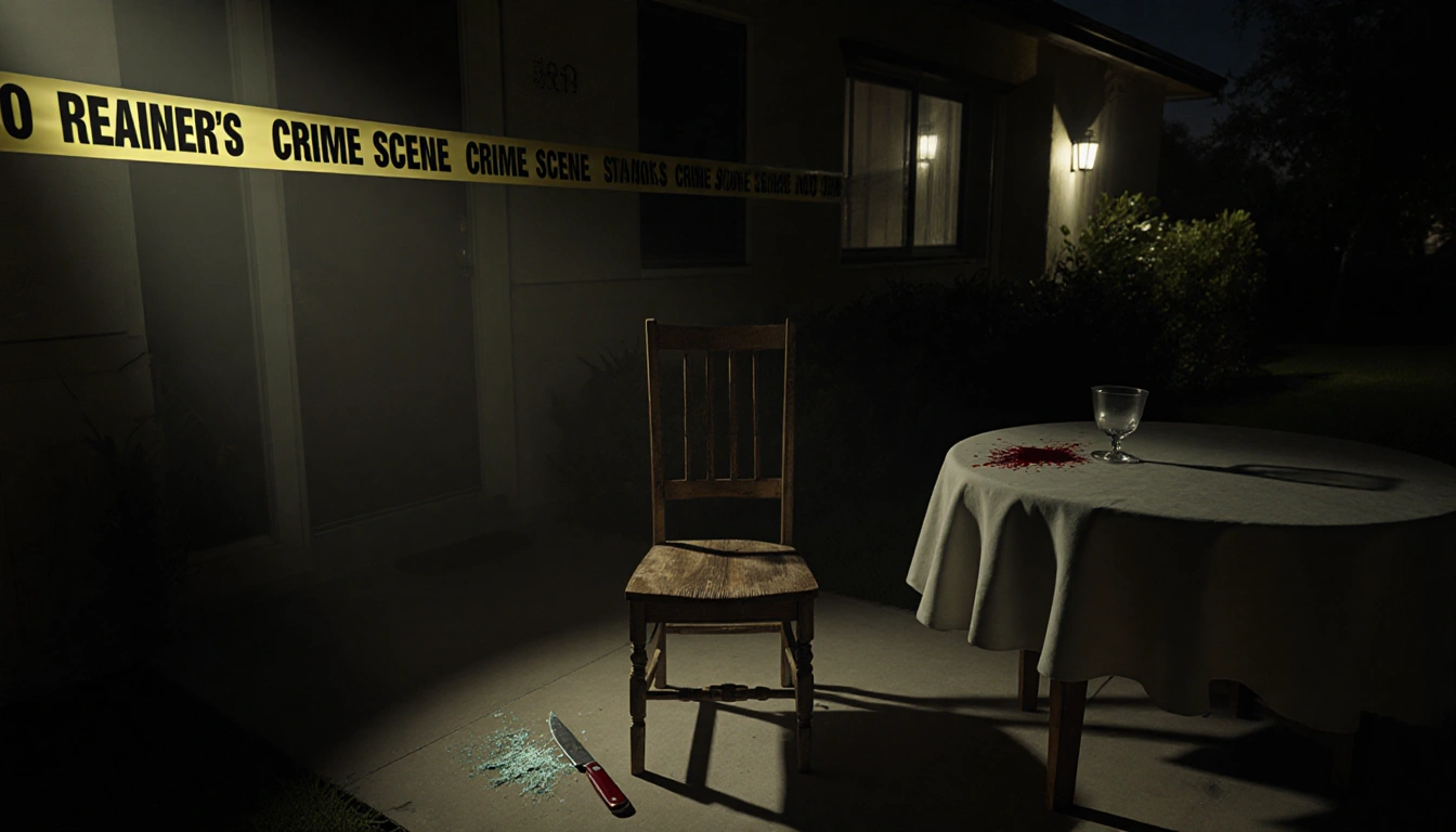 Wooden chair sits with crime scene tape and bloodstained knife beside shattered glass on a dim dinner table.
