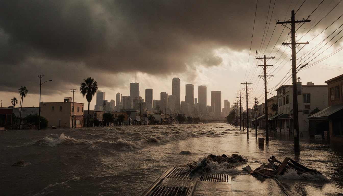 Flooded streets surge with rising water around Venice Beach and Marina del Rey with dark clouds above the Los Angeles skyline