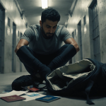 Kilmar Abrego Garcia sits in a dim prison room with an open backpack showing a scattered passport and frustrated expression