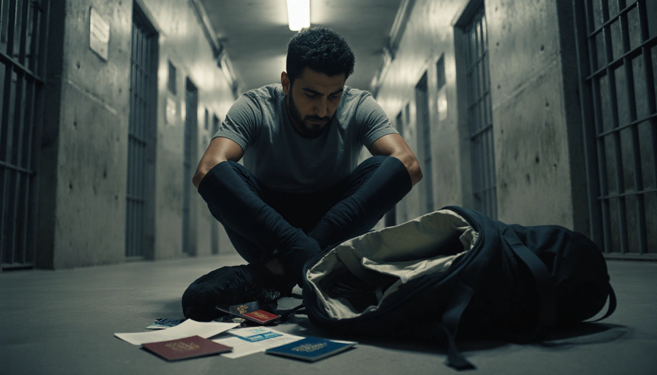 Kilmar Abrego Garcia sits in a dim prison room with an open backpack showing a scattered passport and frustrated expression