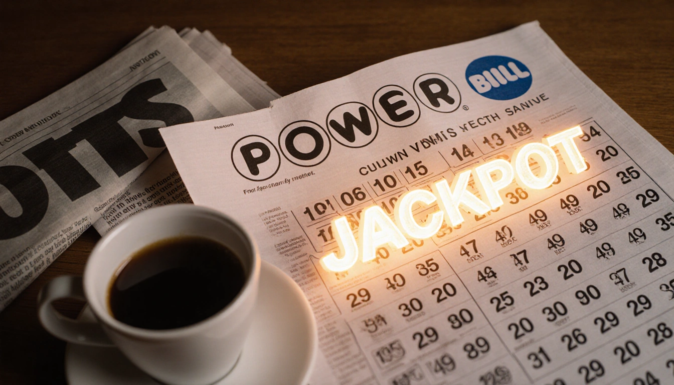 Lottery ticket unfolding revealing Jackpot sign with coffee and newspaper nearby