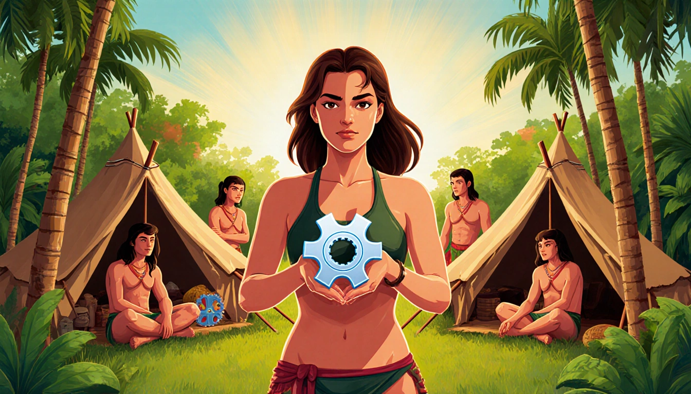 Louie stands confidently holding a puzzle piece with lush greenery and tribe members watching