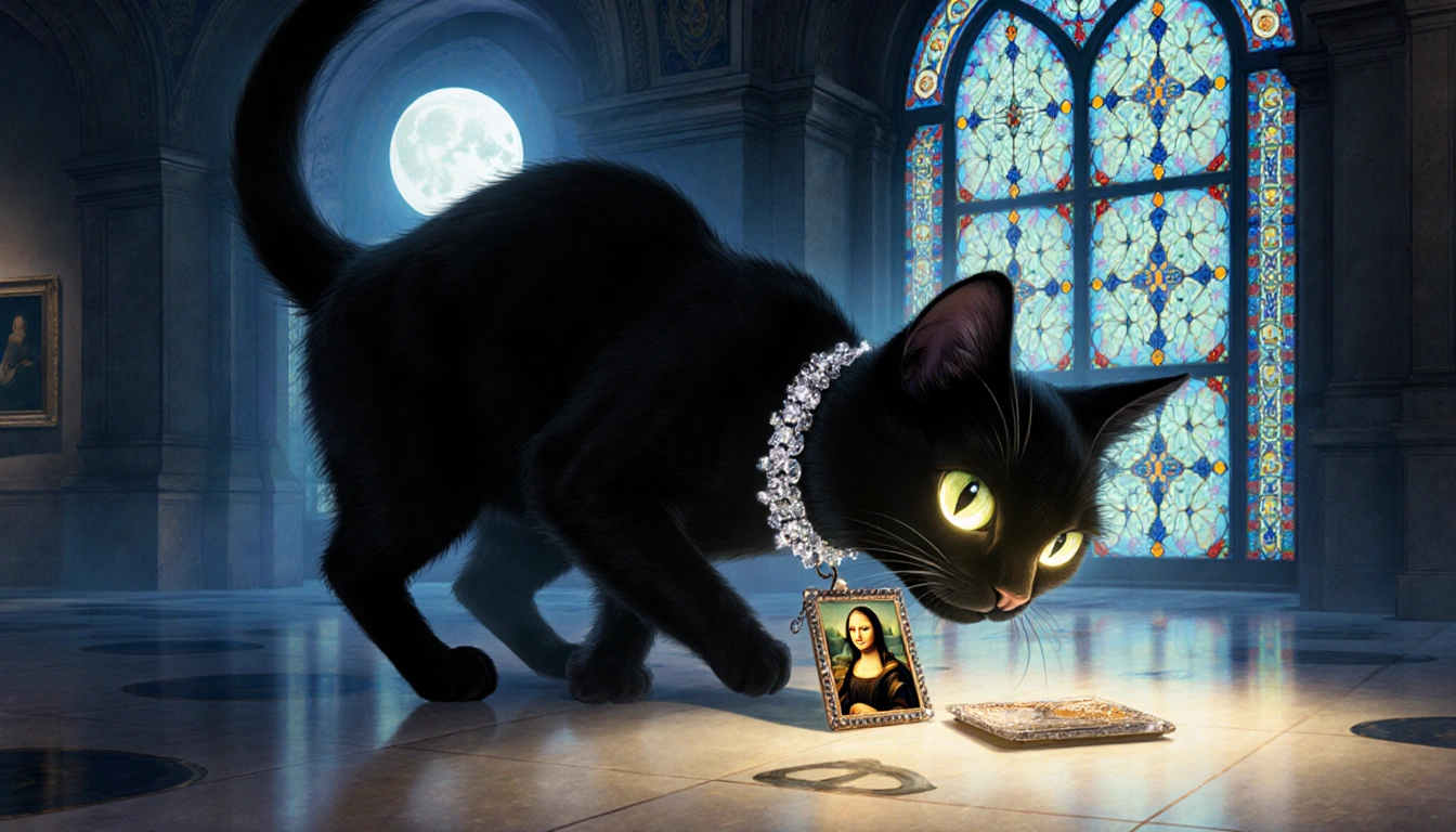 Whimsical thief cat snatching the Mona Lisa