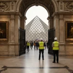 Workers guarding entrance with yellow vests and hard hats near Louvre Museum foyer and glass pyramid in background