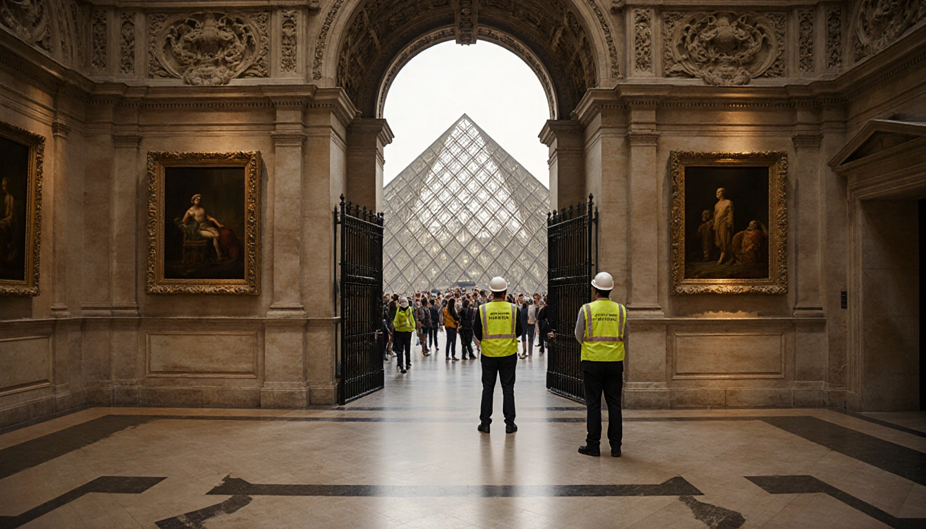 Workers guarding entrance with yellow vests and hard hats near Louvre Museum foyer and glass pyramid in background
