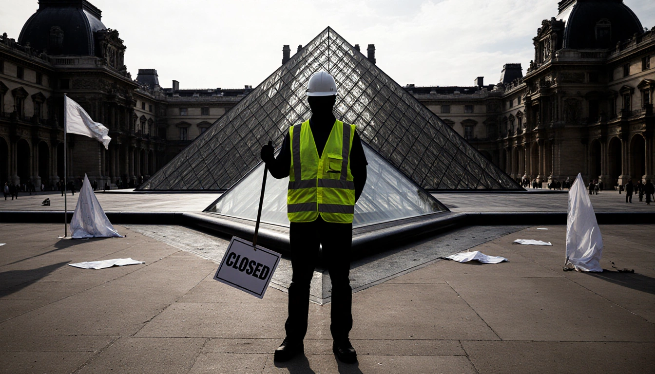 Worker holding picket sign with Louvre pyramid and Closed sign in background and protest banners fluttering