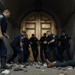 Rioters scramble toward golden doors with police barricade across doorway in dim tunnel.
