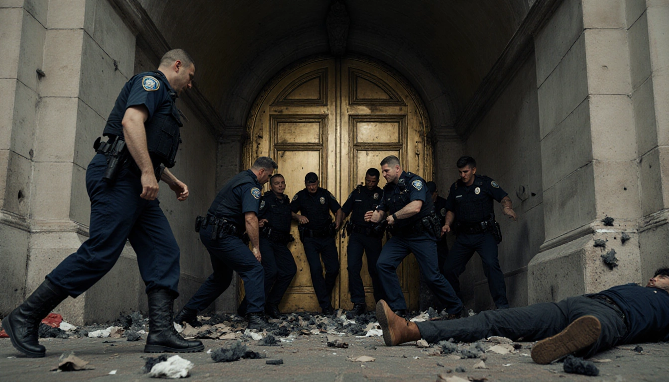 Rioters scramble toward golden doors with police barricade across doorway in dim tunnel.