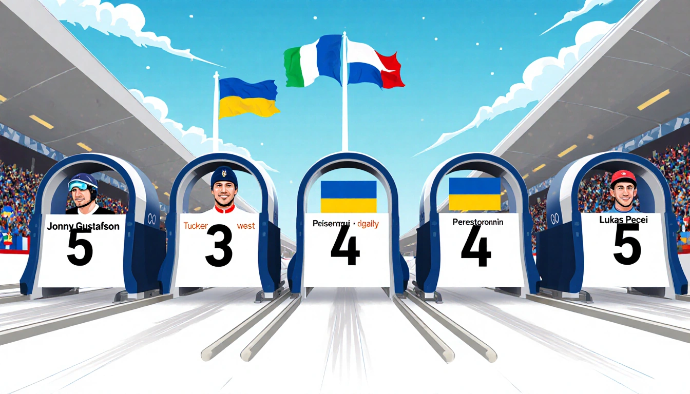 Luge track showing numbered start gates with crowd and flags of Ukraine and Russia for Nations Cup.