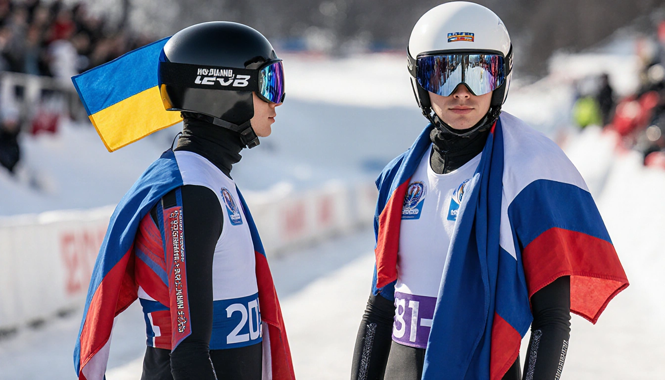 Ukrainian and Russian lugers stand side by side at the World Cup starting line with flags on helmets in snowy background