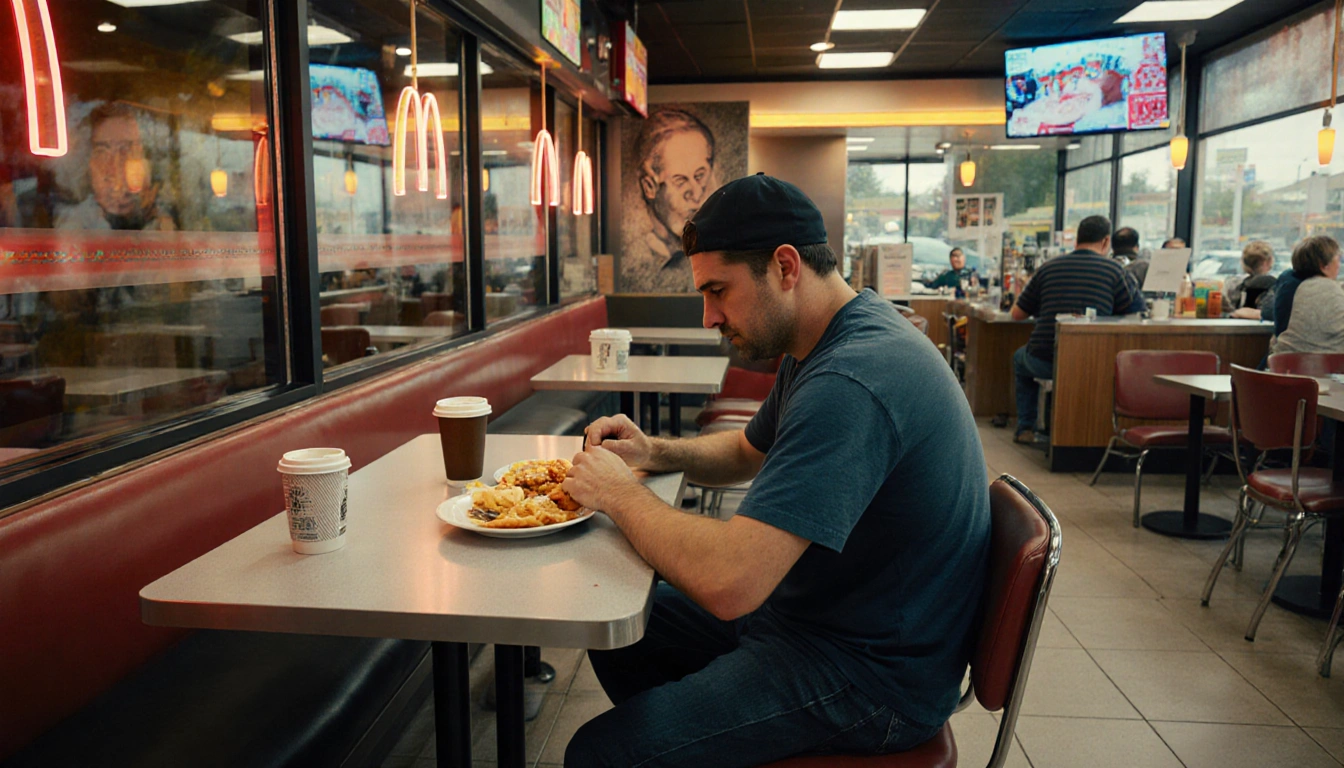 Luigi Mangione eating breakfast at a McDonald's in Altoona with neon lights and a newspaper hinting CEO shooter.