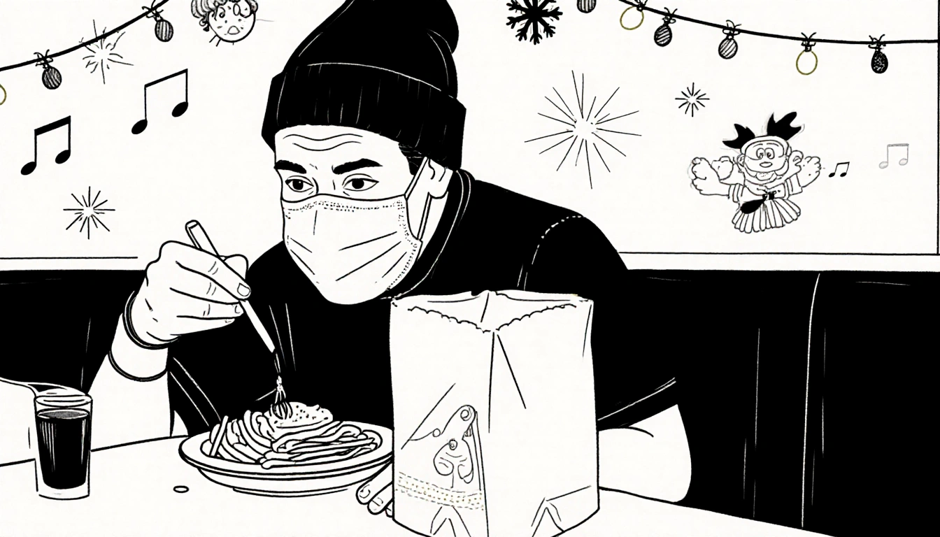 Luigi Mangione eating breakfast with a medical mask and beanie at a McDonald's table decorated for Christmas