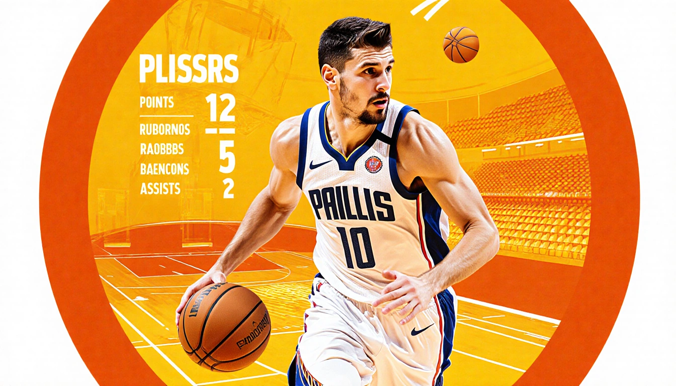 Luka Doncic scoring 12 points with dynamic motion and orange court backdrop displaying 5 rebounds and 2 assists.