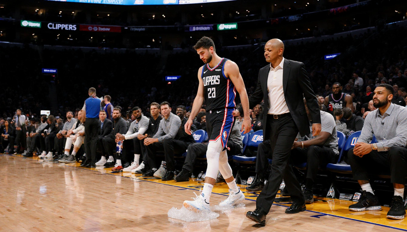 Luka Doncic injured walking toward locker room with left leg wrapped in ice and trainers beside him Clippers players watch.