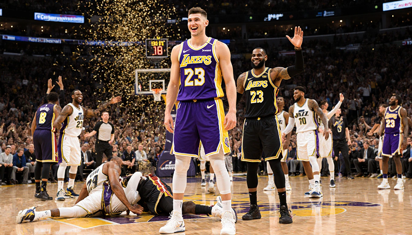 Luka Doncic stands confidently at center court while LeBron James grins beside him confetti falls.