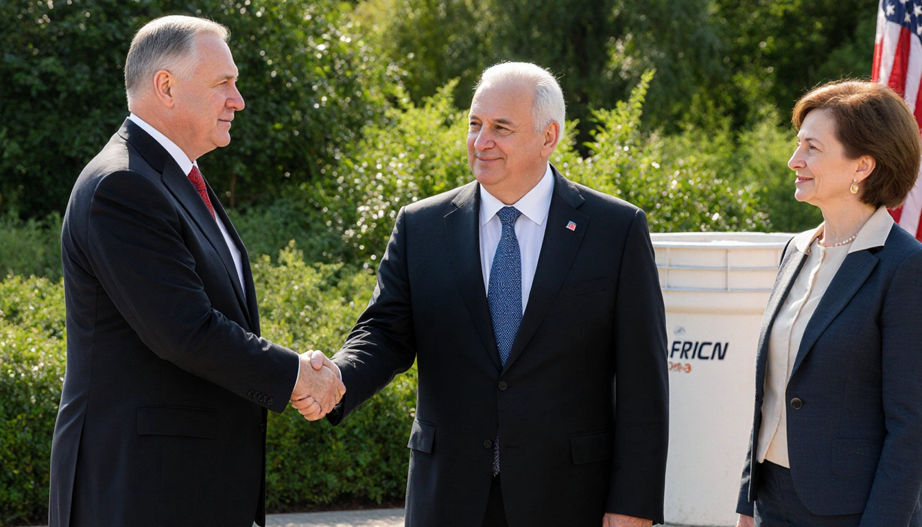 Belarusian Lukashenko shaking hands with U.S. officials with greenery and fertilizer container
