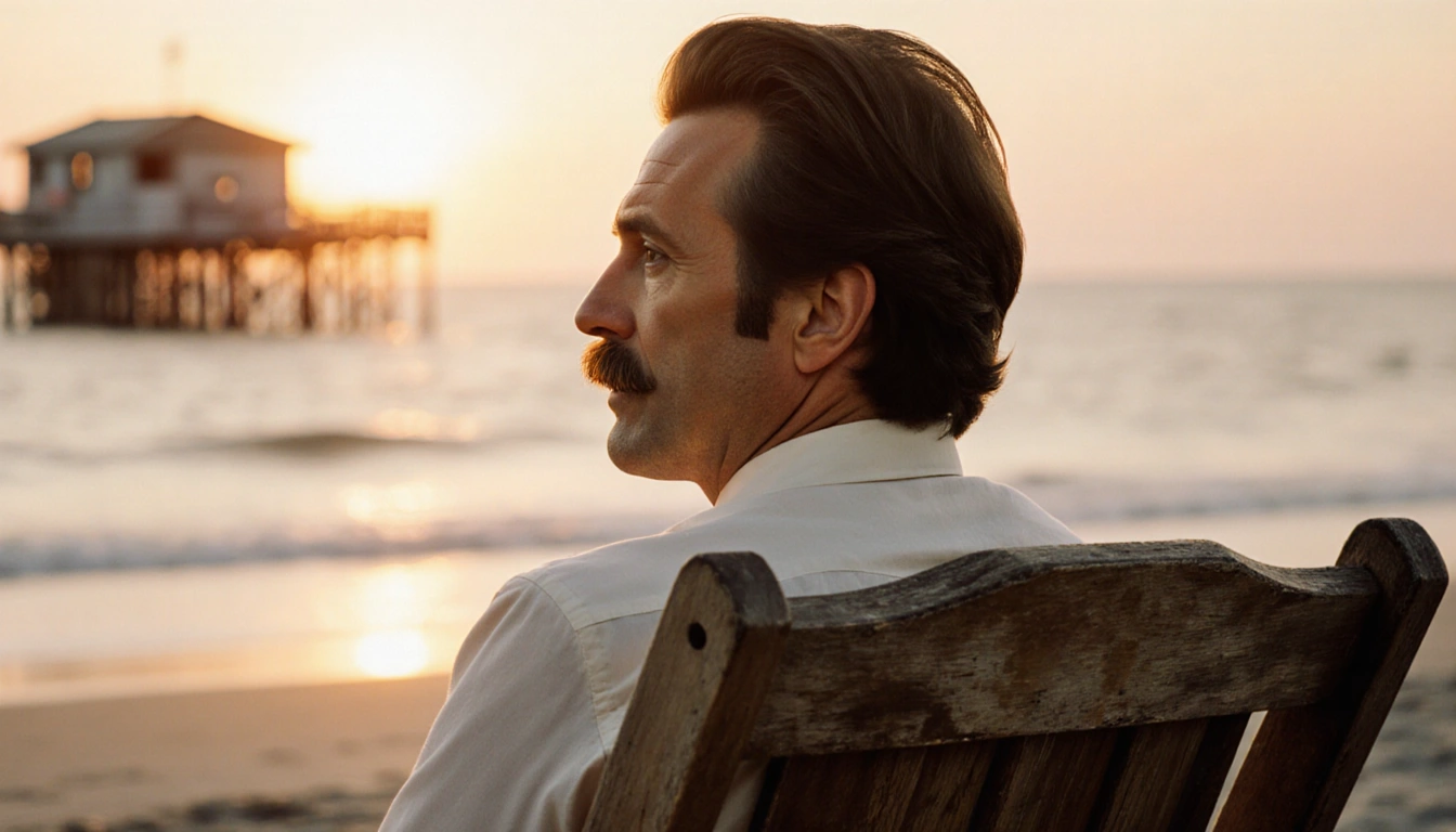 Anthony Geary as Luke Spencer sits on a worn wooden beach chair with a golden sunset and a blurred hospital set behind him