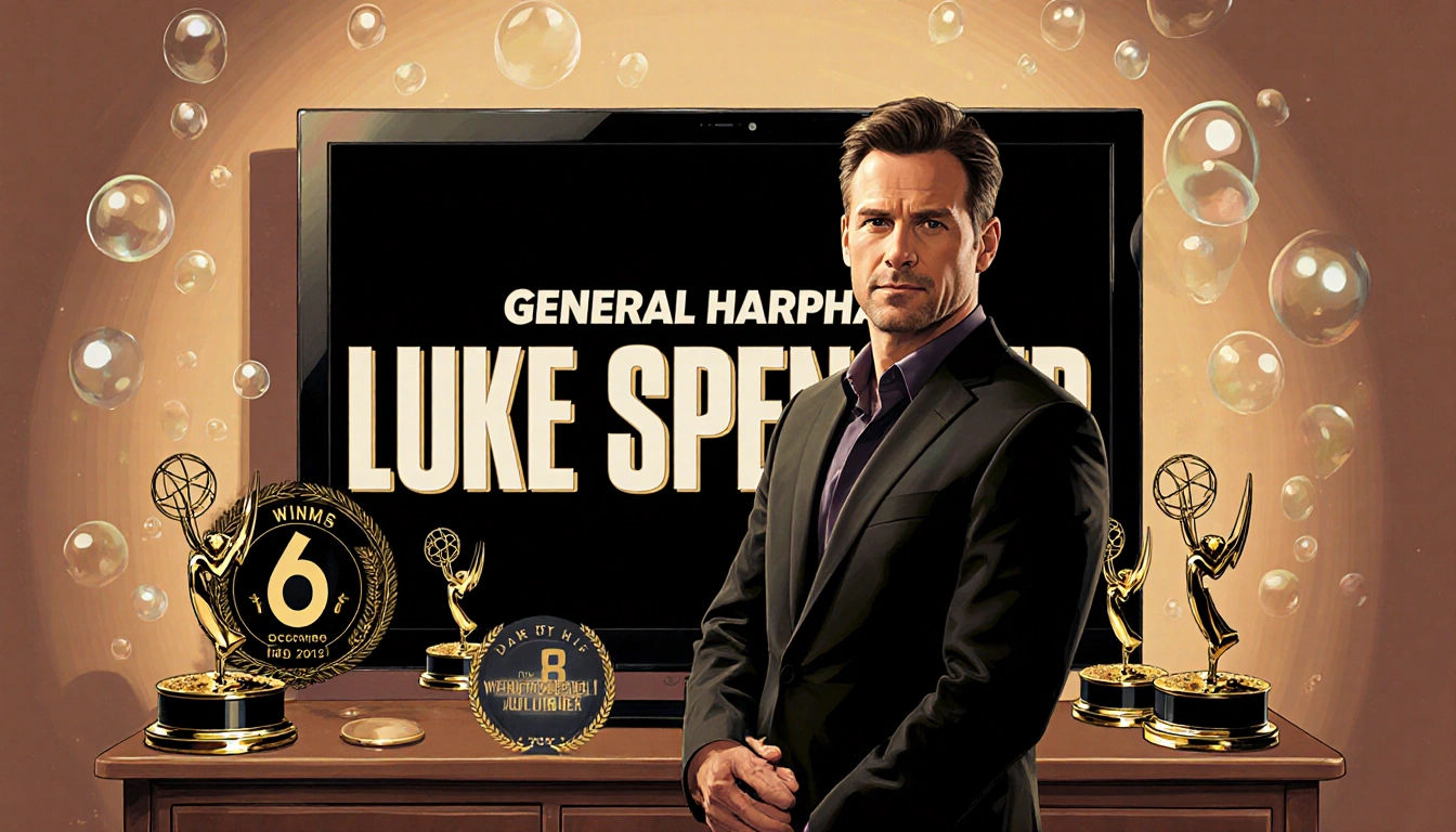 Luke Spencer standing in front of a TV screen showing General Hospital title with Daytime Emmy statuettes surrounding him
