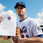 Luke Weaver standing on the mound holding a signed contract with a Mets logo and a baseball glove in a blurred stadium backdr