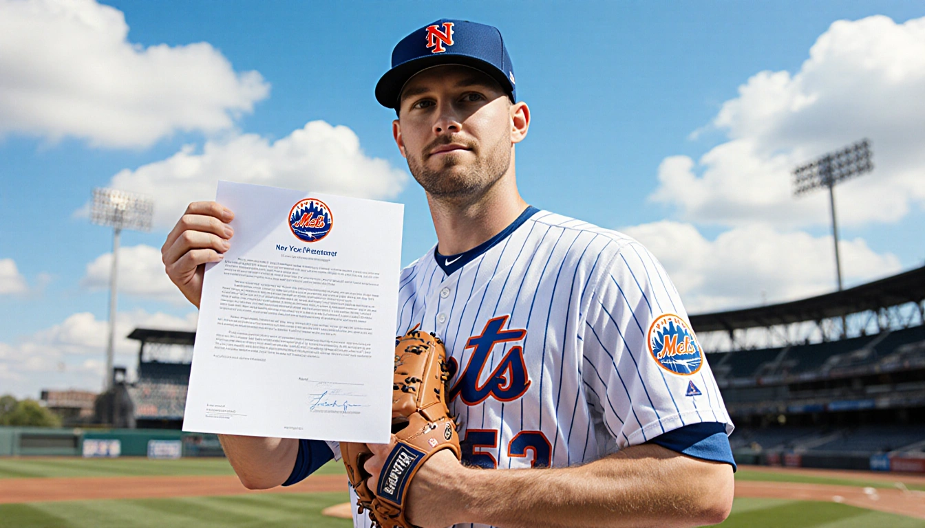 Luke Weaver standing on the mound holding a signed contract with a Mets logo and a baseball glove in a blurred stadium backdr