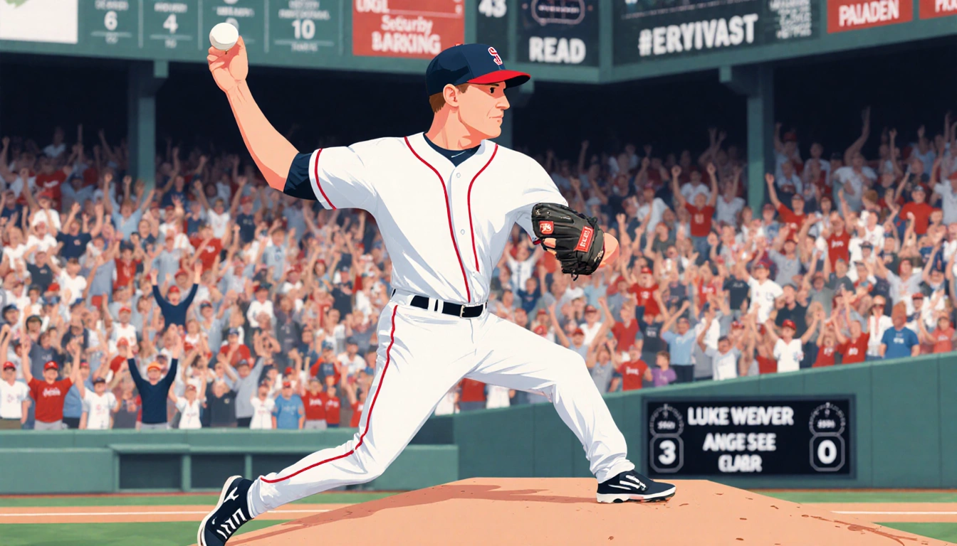 Luke Weaver pitching with a strong arm and focused expression in a baseball stadium with a scoreboard.