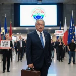 Lula da Silva standing with briefcase in an airport terminal with flags and a screen showing the Mercosur‑EU deal logo.