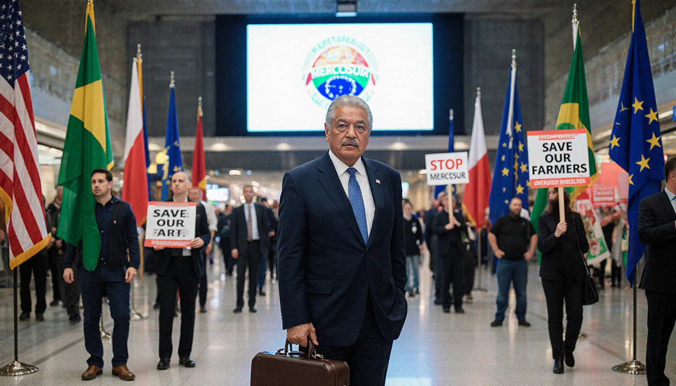 Lula da Silva standing with briefcase in an airport terminal with flags and a screen showing the Mercosur‑EU deal logo.