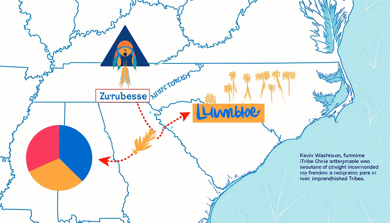 Map of Lumbee region with arrow toward federal recognition and a growing pie chart slice with patterns and foliage