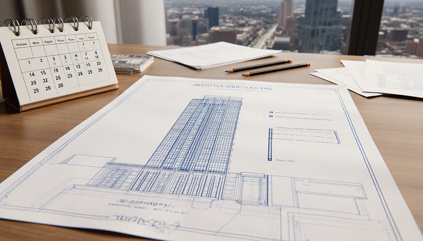 Blueprints of the Luminary condo tower on a desk with a faded calendar marked late 2025 and pencils near a cityscape.