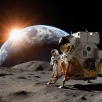 Astronaut stepping out of lunar module with Earth