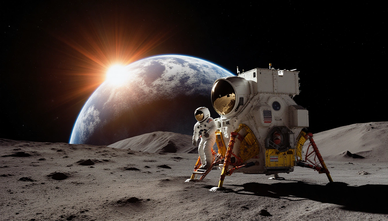 Astronaut stepping out of lunar module with Earth