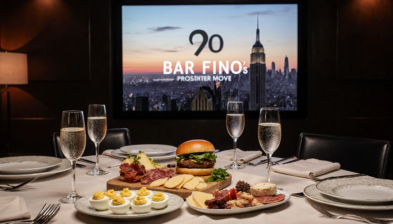 Elegant table showcases gourmet bites and champagne with luxurious linens and subtle NYC skyline backdrop.