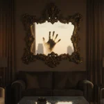 Handprint smudges a silver coffee table under a dramatic mirror above with sunset city lights in the background.