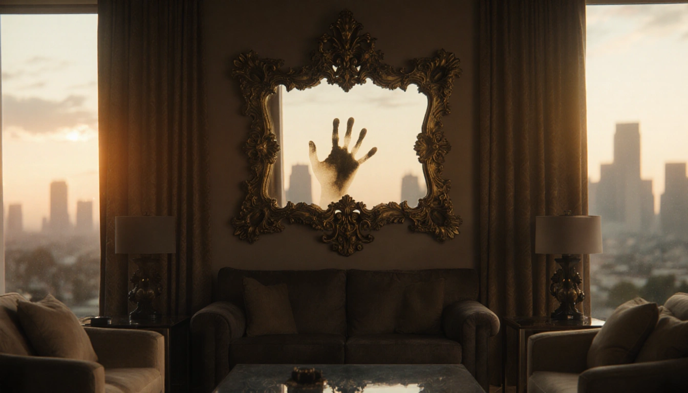Handprint smudges a silver coffee table under a dramatic mirror above with sunset city lights in the background.